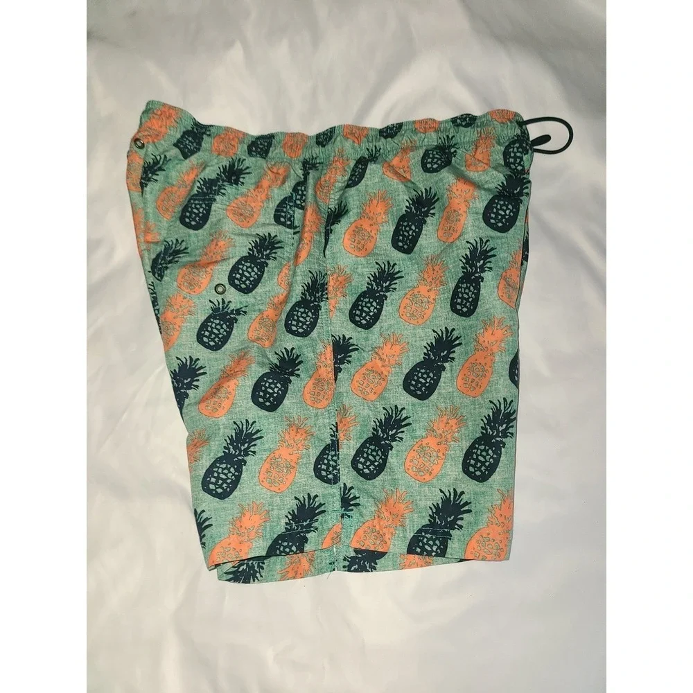 Lands End Swim Trunks Large 36-38 Green Pineapple Print Drawstring Mesh Lined